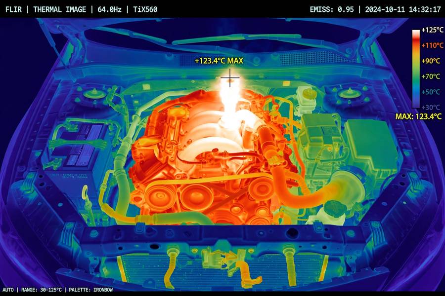Thermal view showing heat buildup in a car engine bay