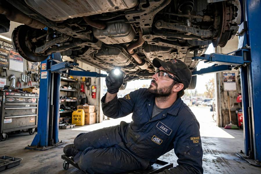 Mechanic inspecting a car's transmission on a lift in a repair shop