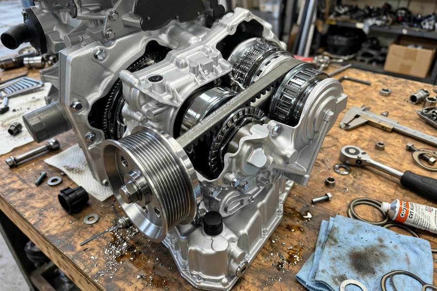 Close-up of a CVT transmission showing the metal belt and pulleys
