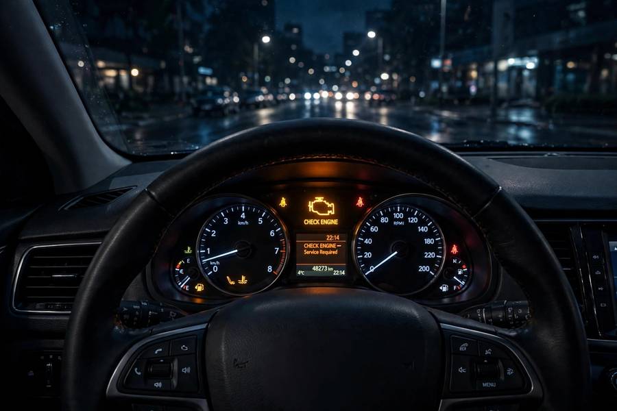 Car dashboard showing a lit check engine warning light