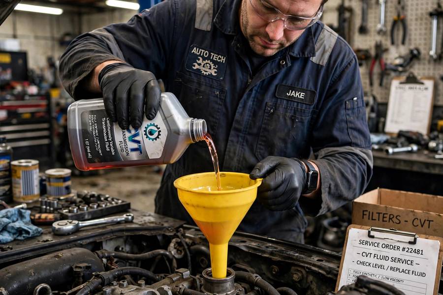 Technician adding fresh CVT transmission fluid during a service