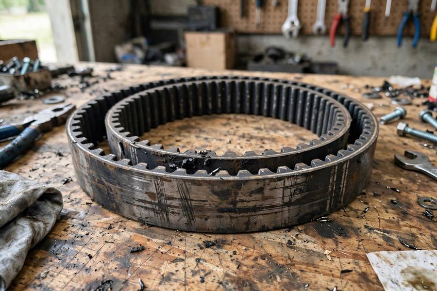 Worn CVT steel belt showing visible wear on a workbench