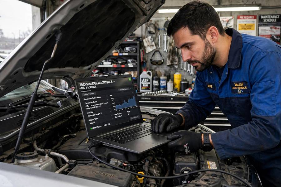 Mechanic running transmission diagnostics with a laptop