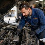 Mechanic using a stethoscope to diagnose an engine noise in a garage