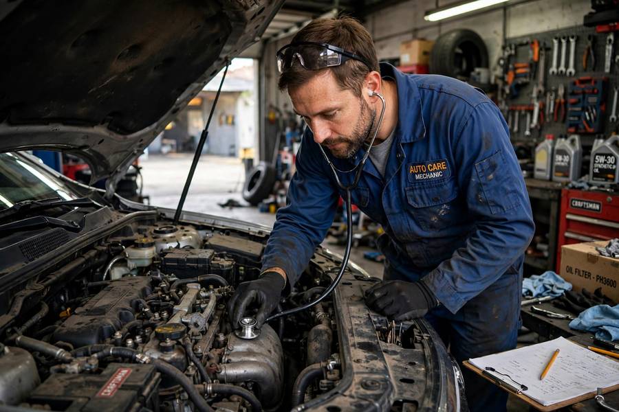 Mechanic using a stethoscope to diagnose an engine noise in a garage