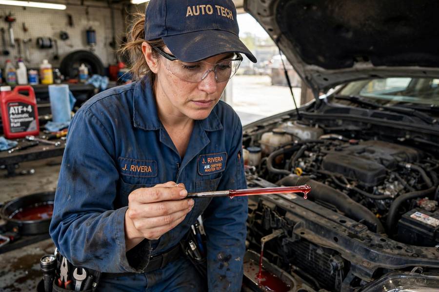 Technician checking transmission fluid level with a dipstick