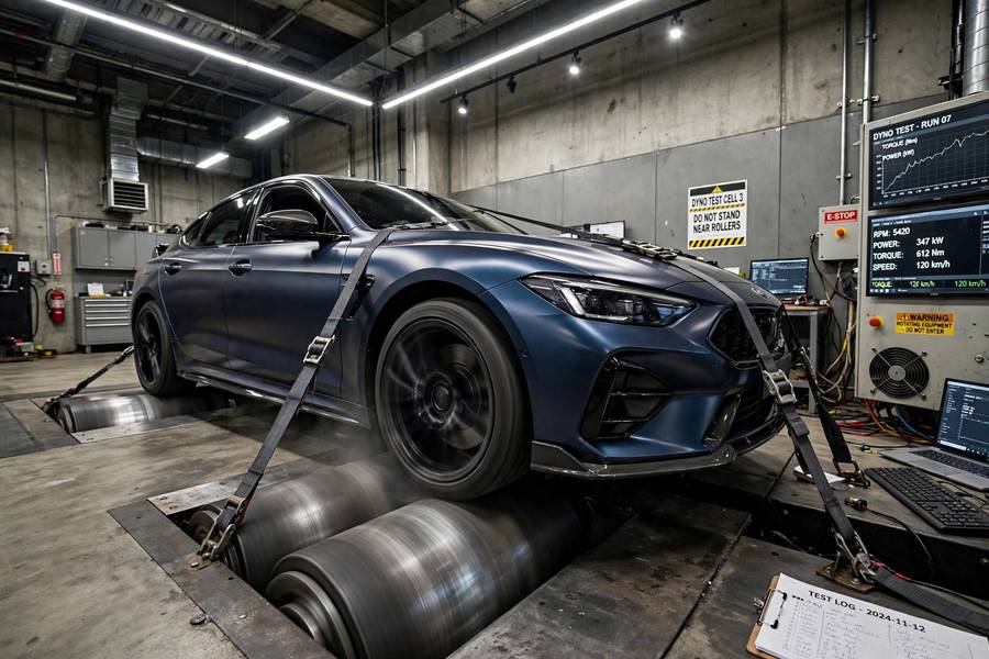 Car undergoing testing on a dynamometer with wheels spinning