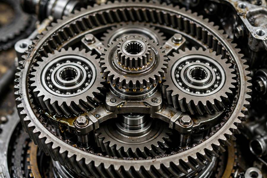 Close-up of planetary gear set inside a conventional automatic transmission