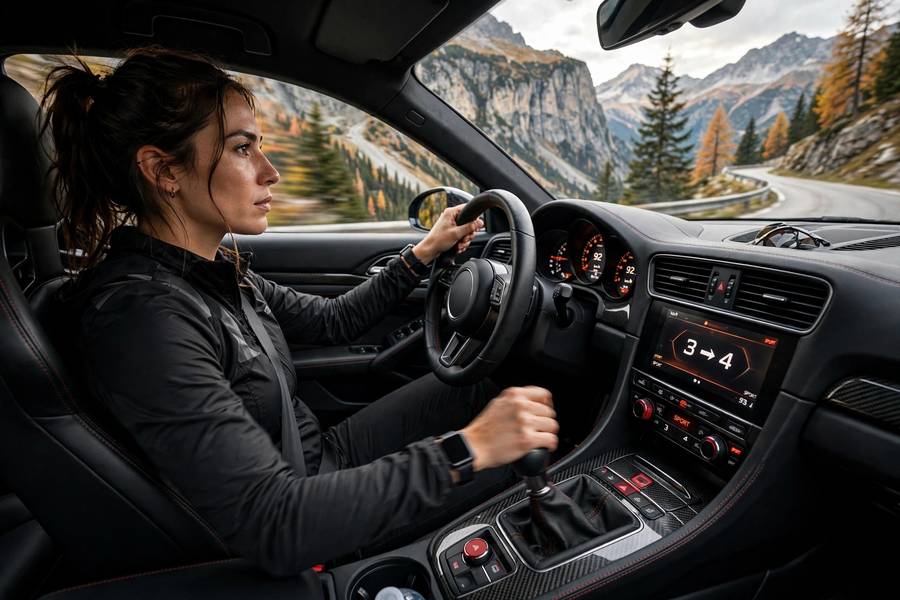 Driver enjoying a sporty drive on a winding mountain road