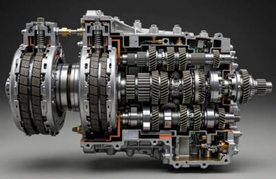 Cutaway of a dual-clutch transmission showing clutch packs and gear shafts