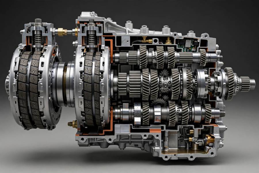 Cutaway of a dual-clutch transmission showing clutch packs and gear shafts