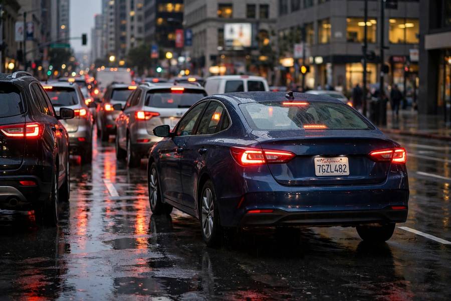 Commuter car in heavy city traffic during rush hour