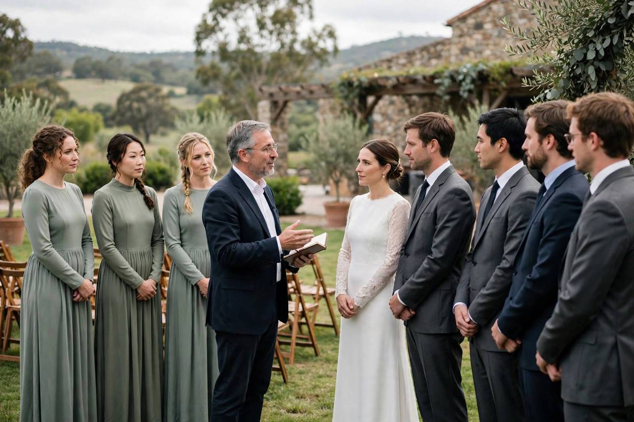 Wedding party rehearsing the ceremony with the officiant at the venue