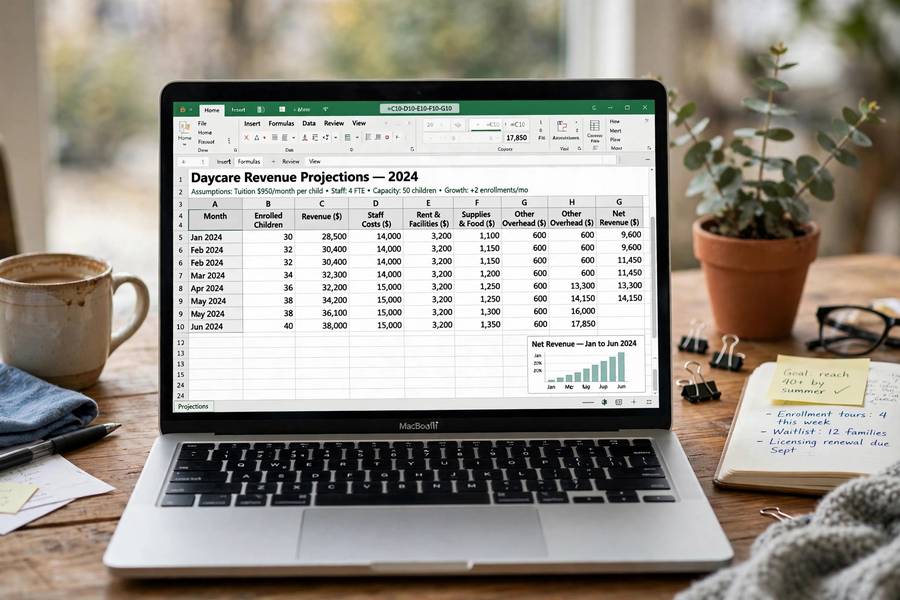 Daycare revenue projections spreadsheet in business plan