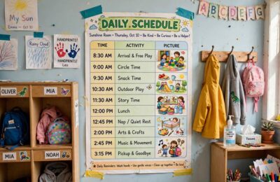 Visual daily schedule chart posted in daycare classroom