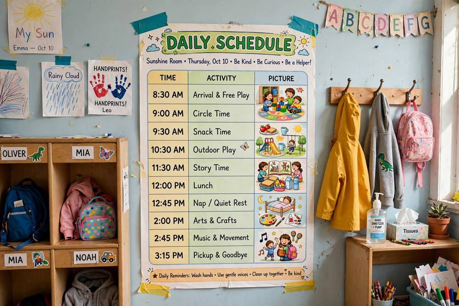 Visual daily schedule chart posted in daycare classroom