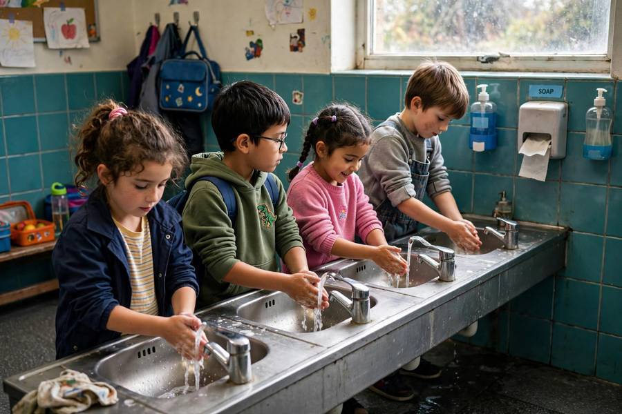 Children following the daily schedule handwashing routine