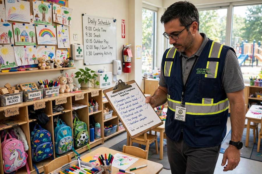 State inspector checking daycare licensing compliance