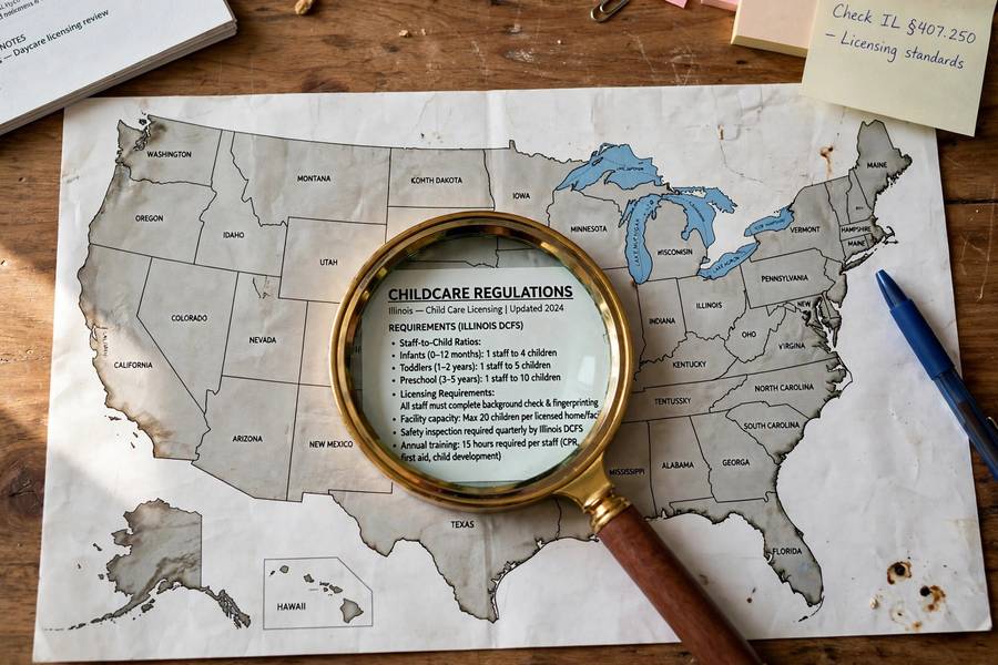 US map illustrating daycare licensing requirements vary by state