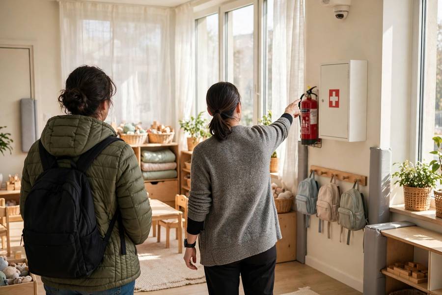 Parent using a daycare safety checklist for parents during a facility tour