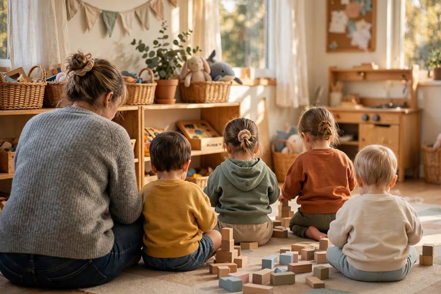 Caregiver with small toddler group illustrating daycare staff to child ratio requirements