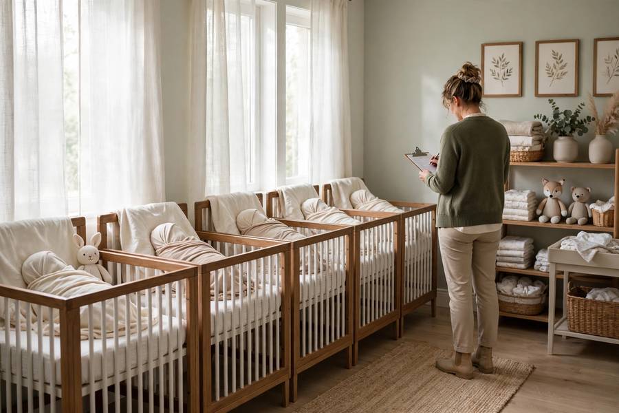 Infant nursery showing strict daycare staff to child ratio requirements for babies