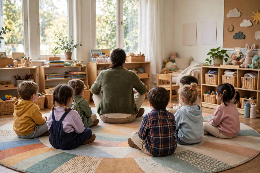 Preschool circle time demonstrating daycare staff to child ratio requirements for older children