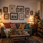 Cozy budget-decorated small apartment living room with warm lamps, thrifted art, and plants