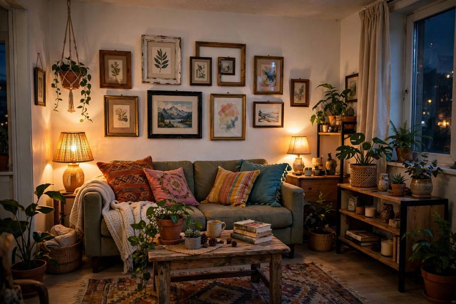 Cozy budget-decorated small apartment living room with warm lamps, thrifted art, and plants