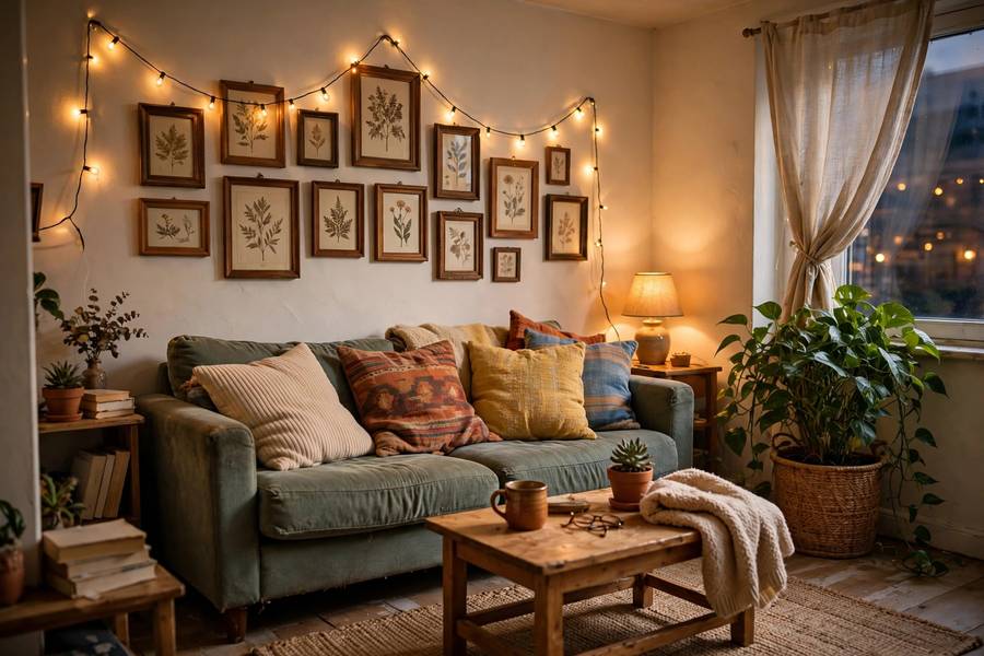 Small apartment window with high-hung floor-length curtains and warm natural light