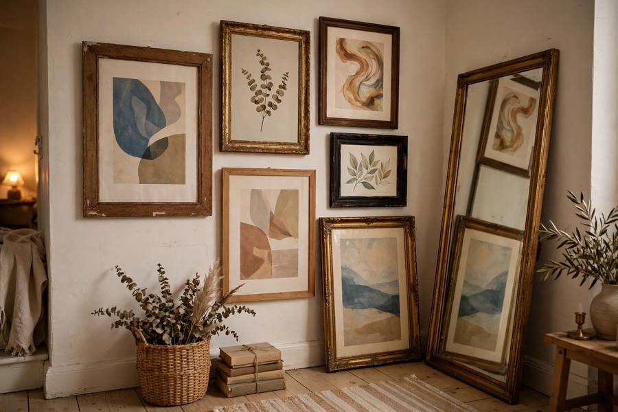 Budget gallery wall with large thrifted frames and a leaning mirror in a small apartment