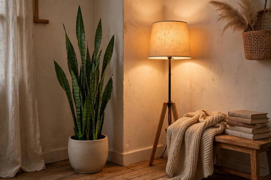 Small apartment corner styled with a tall snake plant and warm floor lamp glow