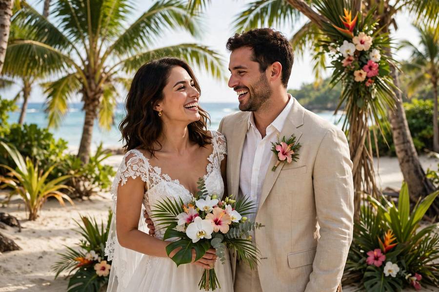 Couple at tropical destination wedding