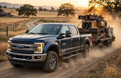 Diesel truck towing a heavy trailer, showing diesel vs petrol torque differences in action