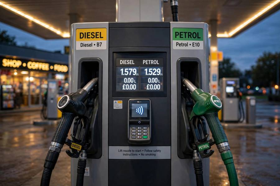 Diesel and petrol fuel nozzles side by side at a filling station