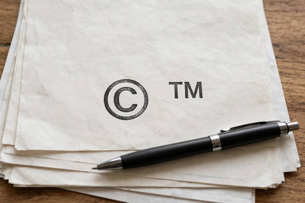 Copyright symbol and trademark symbol side by side on legal documents with a pen