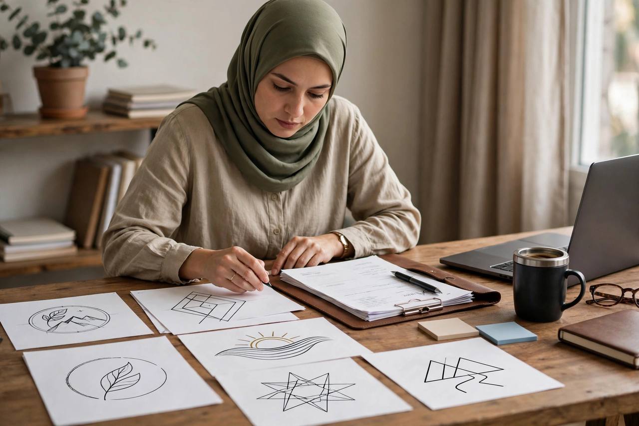 Business owner reviewing logo designs and brand name options at a desk with trademark paperwork