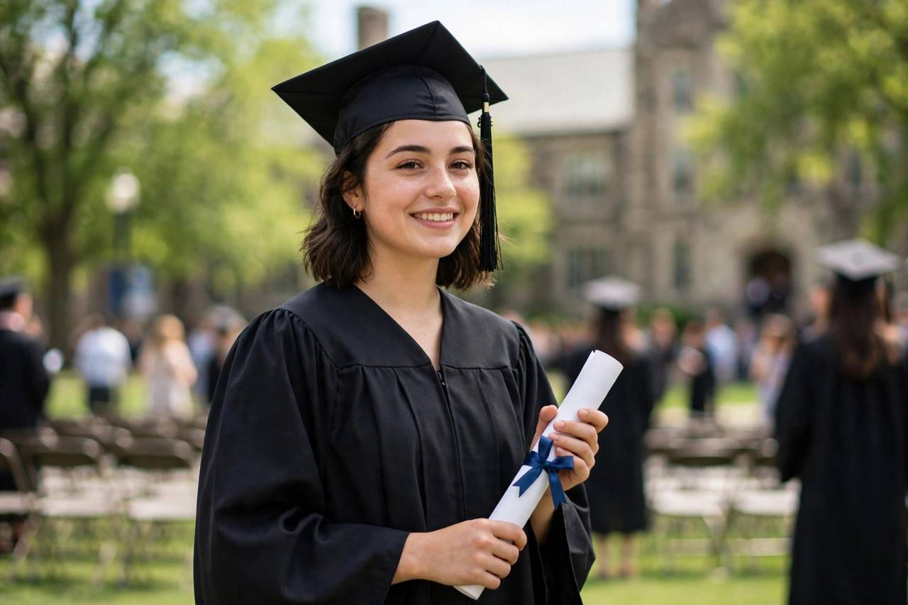 Graduate in cap and gown holding diploma at ceremony