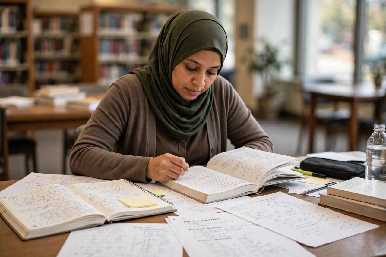 Adult student studying for GED exam with books at a library table