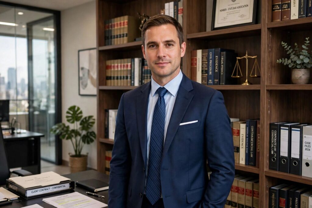 Professional lawyer standing in a modern law office with bookshelves