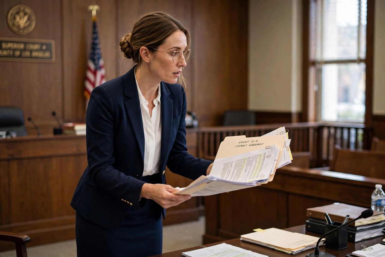 Attorney presenting documents in a courtroom during a hearing