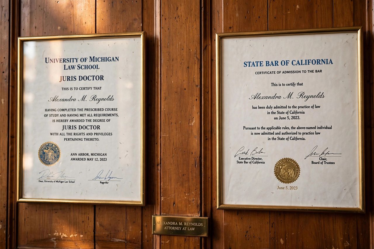 Close-up of a framed law degree and bar admission certificate
