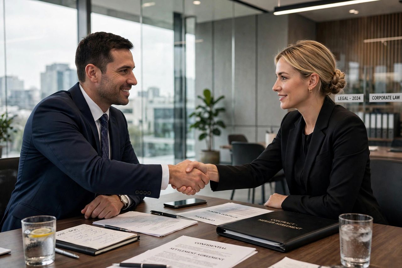 Lawyer explaining documents to a client across a desk