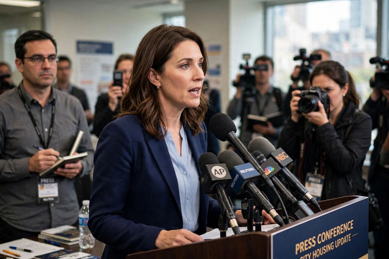 Person speaking into a microphone at a press conference