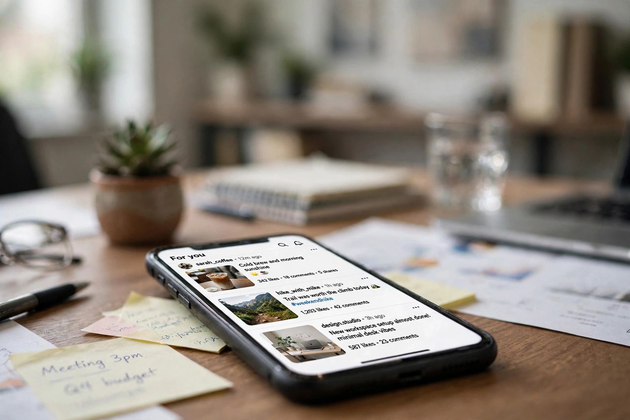 Smartphone showing social media posts on a desk