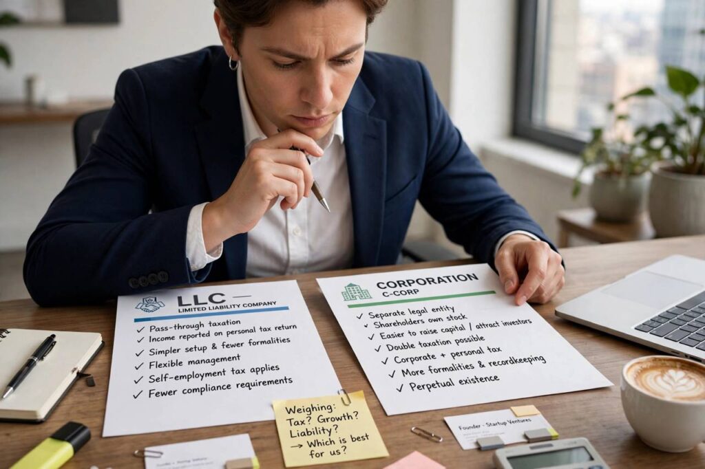 Businessperson choosing between LLC and corporation structure options