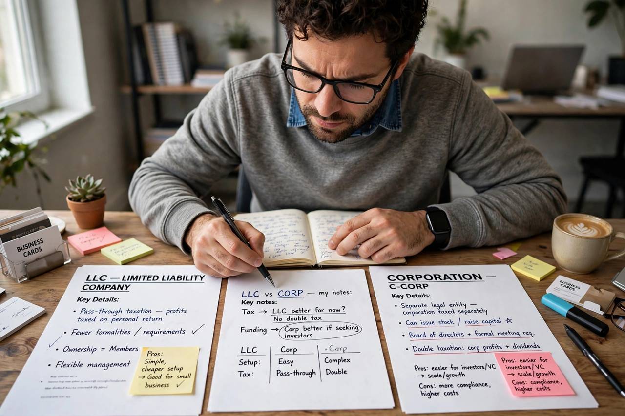 Entrepreneur comparing LLC and corporation business structure documents