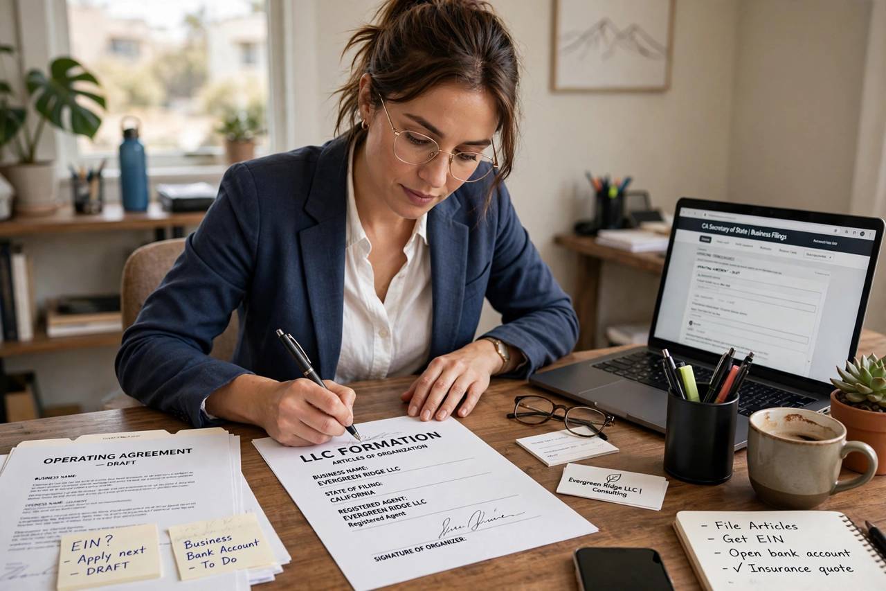 Business owner signing LLC formation paperwork at a desk