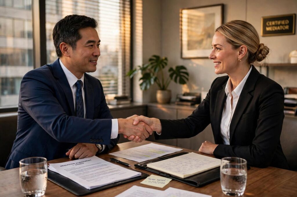 Two people shaking hands across a table after mediation