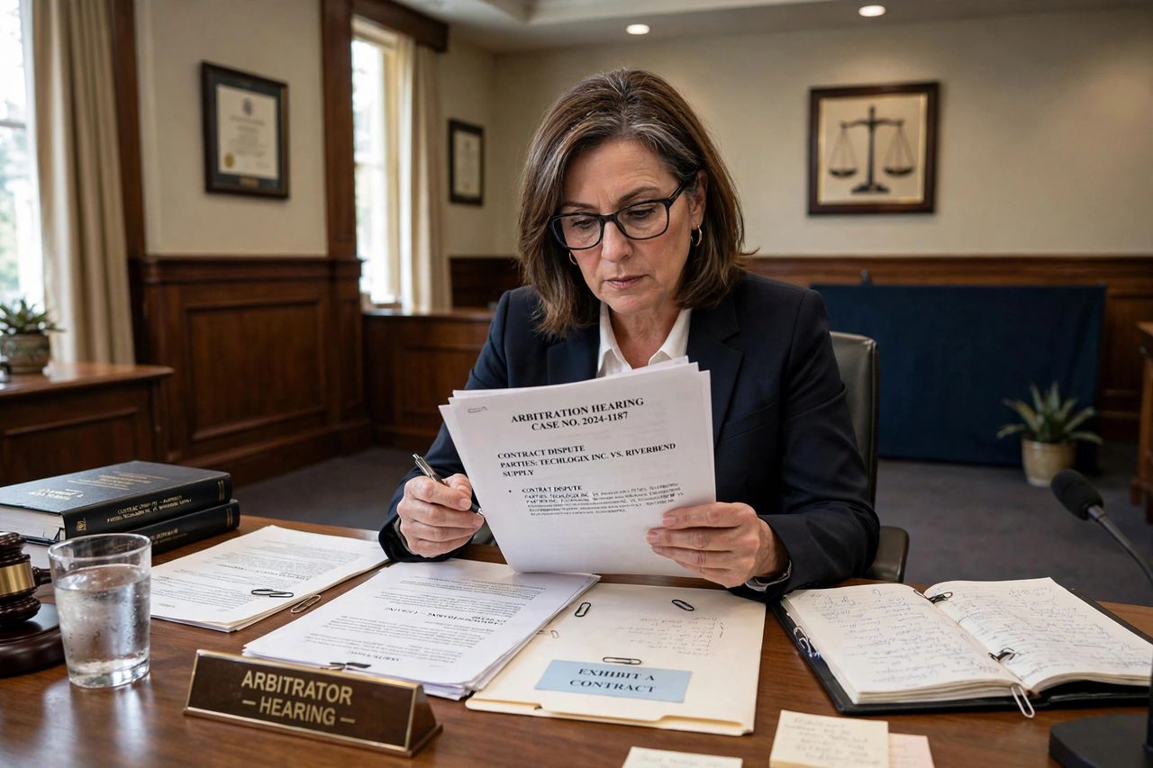Arbitrator reviewing documents at a hearing table